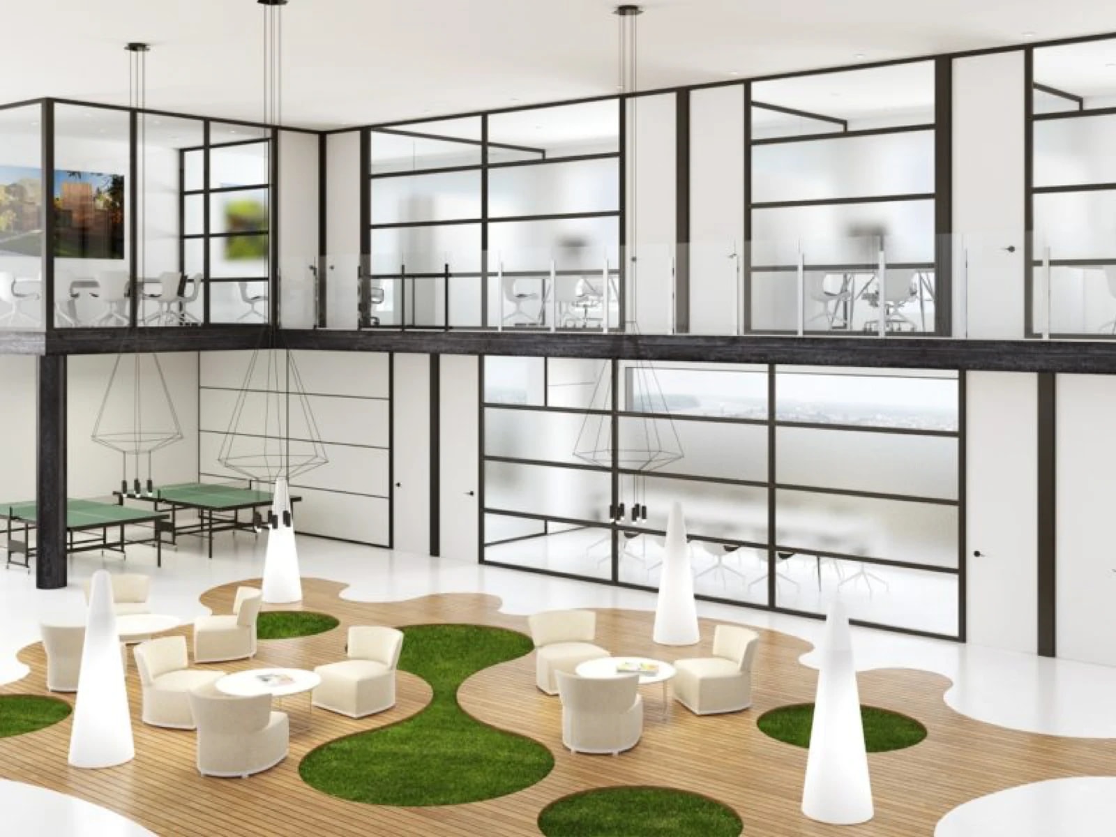 Mampara de oficina M-Master con perfilería negra y vidrio, fabricada e instalada por Vilu-Ofis