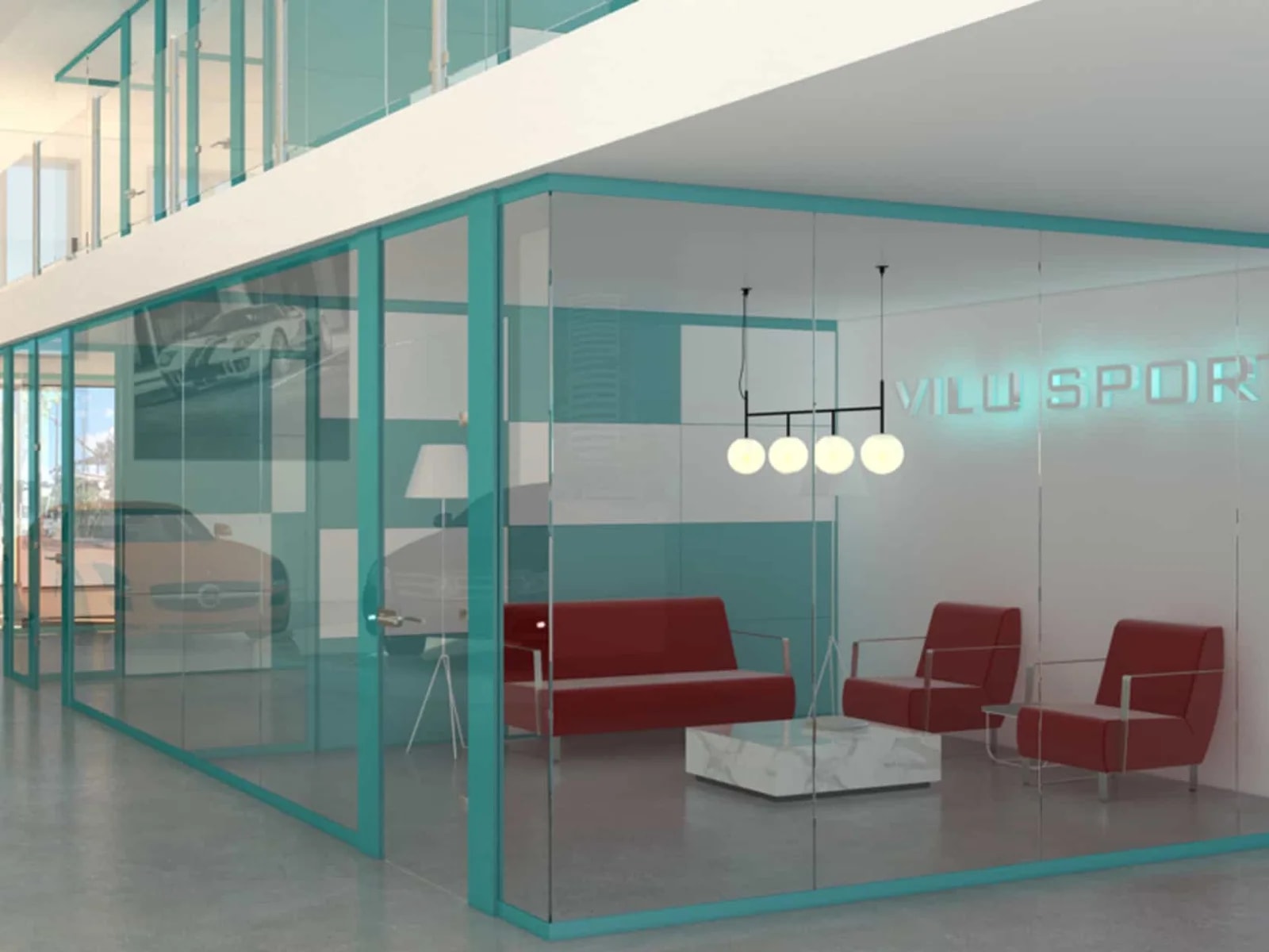 MAMPARAS PARA SALAS DE ESPERA REALIZADAS EN MAMPARA DE VILU-OFIS MODELO M-ESPACIO 2 CON PERFILERIA EN U COLOR AZUL CELESTE Y CRISTAL ATESTA CON H DE METRAQUILATO. PUERTAS EN CRISTAL TEMPLADO 10 MM. DE SUELO A TECHO CON MARCOS EN ALUMINIO DE 20 CM. PARA LA COLOCACION DE INTERUPTORES