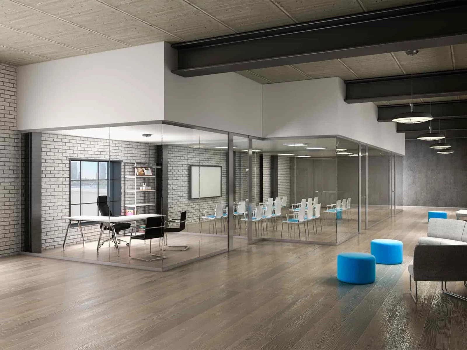 DIVISION DE DESPACHOS PARA OFICINAS Y AULA DE CONFERENCIAS REALIZADOS CON MAMPARA DE VILU-OFIS MODELO M-ESPACIO 2. LA PERFILERIA DEL SUELO ES UNA U DE 60 Y EN LA PARTE SUPERIOR DE 80 CON MARCOS DE PUERTA DE 20 CM. PARA LA COLOCACION DE INTERUPTORES. PERFILERIA EN COLOR ALUMINIO Y LOS CRISTALES TRANSPARENTES LAMINAR DE 6+6 ACUSTICO Y PUERTAS DE CRISTAL TEMPLADO DE 10 MM. DE SUELO A TECHO.