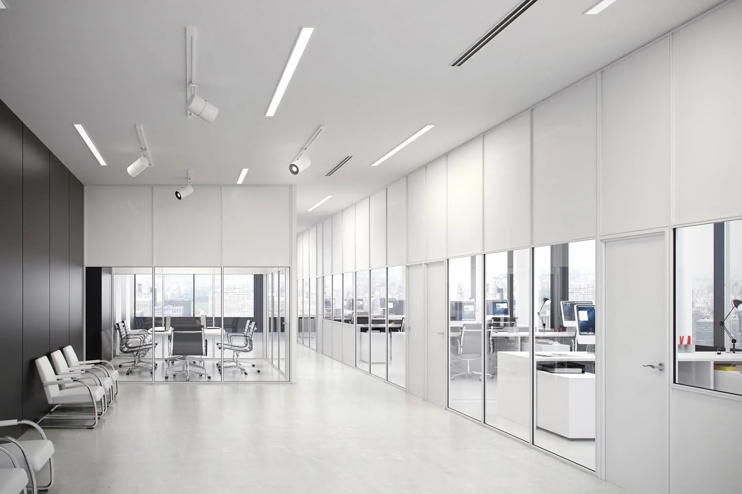 Division de oficina M-500 sencilla con perfileria blanca y tablero blanco, modulacion cristal altura puerta y madera de melamina hasta altura puerta. fabricado por vilu-ofis